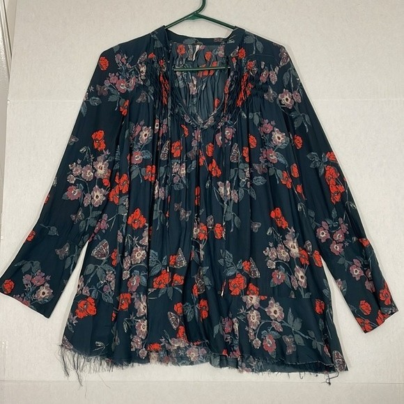Free People Blouse, Floral Popover, Sheer, Raw Hem, Split Neck, XS - Picture 1 of 9